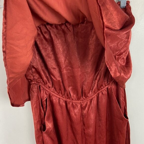 NWT Emory Park Burnt Rust Ruffle Strapless Jumpsuit Satin Red Brown Size Medium - Picture 6 of 13